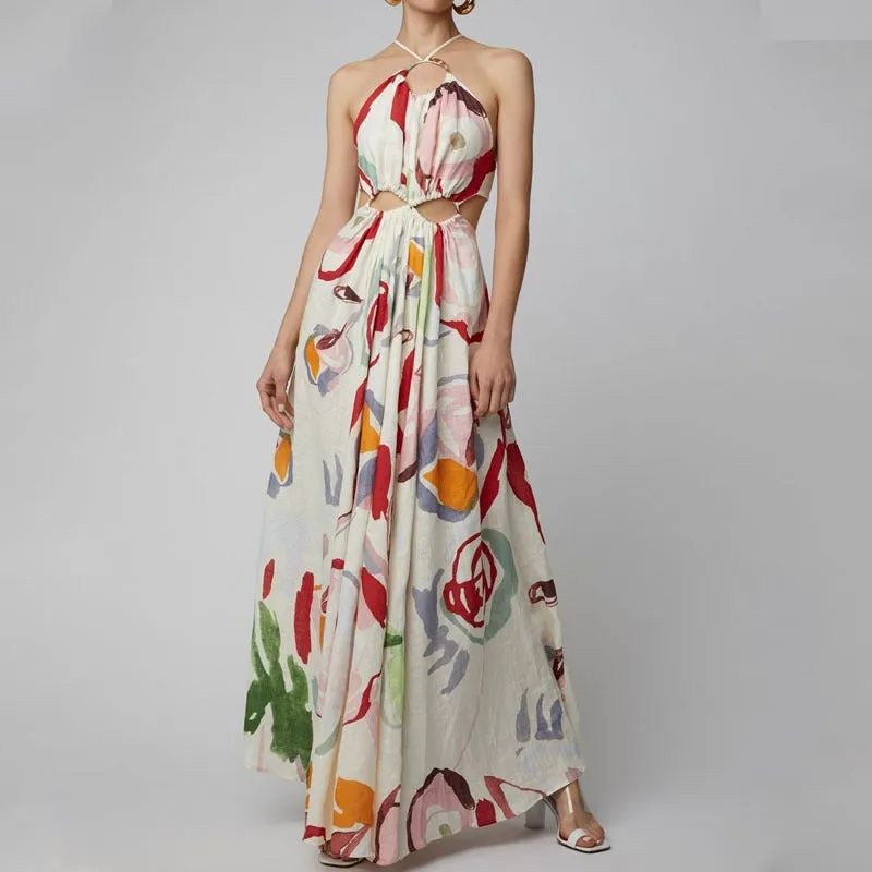 Dunnmall Painting This Halter Neck Maxi Dress