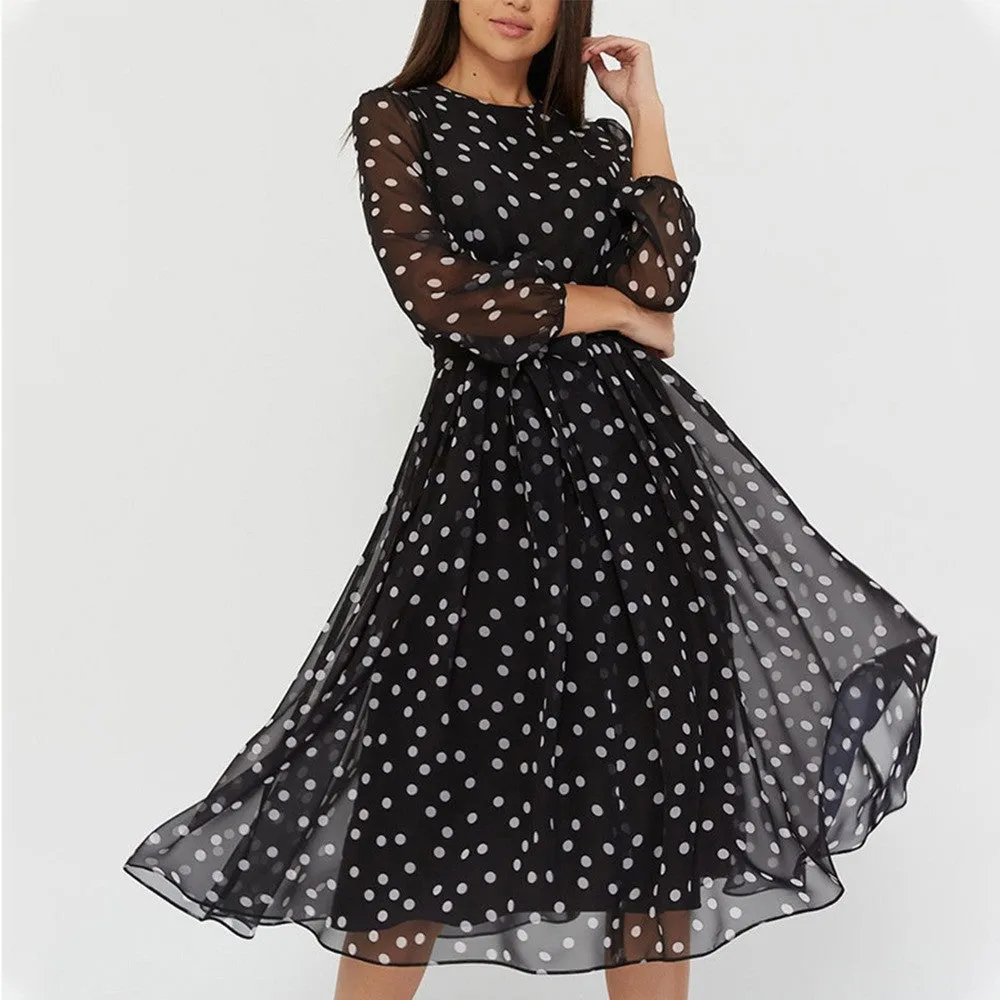 DUNNMALL  Spring and Summer Chiffon Dress Long Sleeve Brown Black Polka Dot Dress