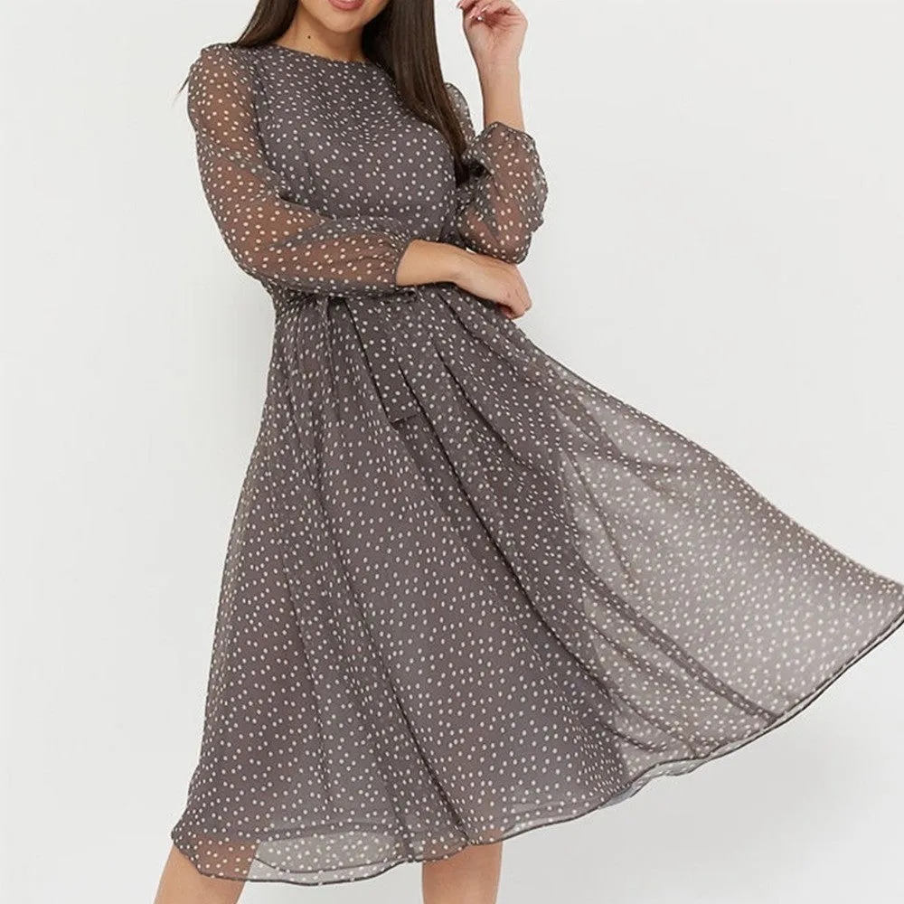 DUNNMALL  Spring and Summer Chiffon Dress Long Sleeve Brown Black Polka Dot Dress