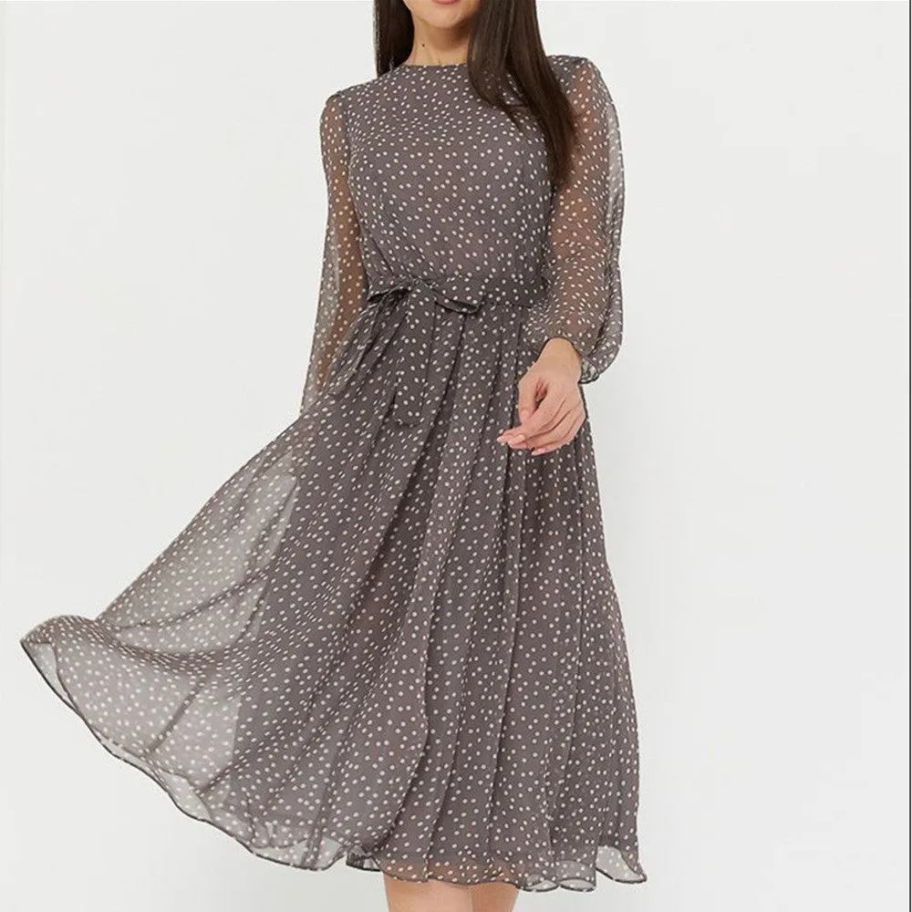 DUNNMALL  Spring and Summer Chiffon Dress Long Sleeve Brown Black Polka Dot Dress