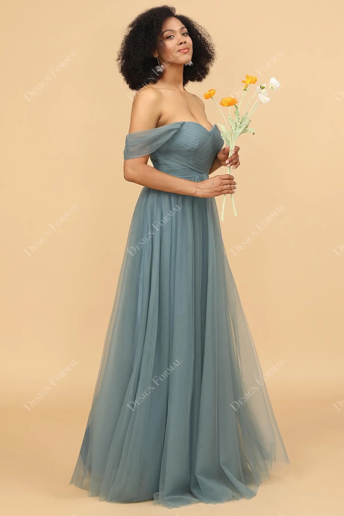 Dusty Sage Tulle Floor Length Off-the-Shoulder Dress