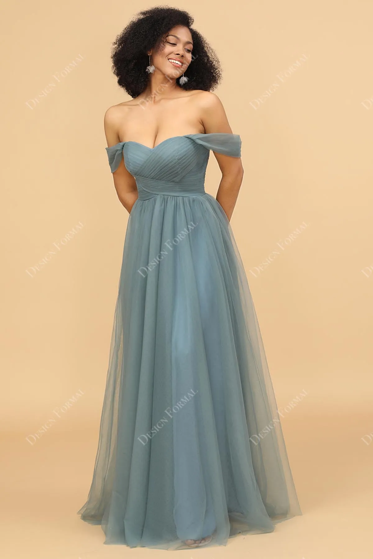 Dusty Sage Tulle Floor Length Off-the-Shoulder Dress