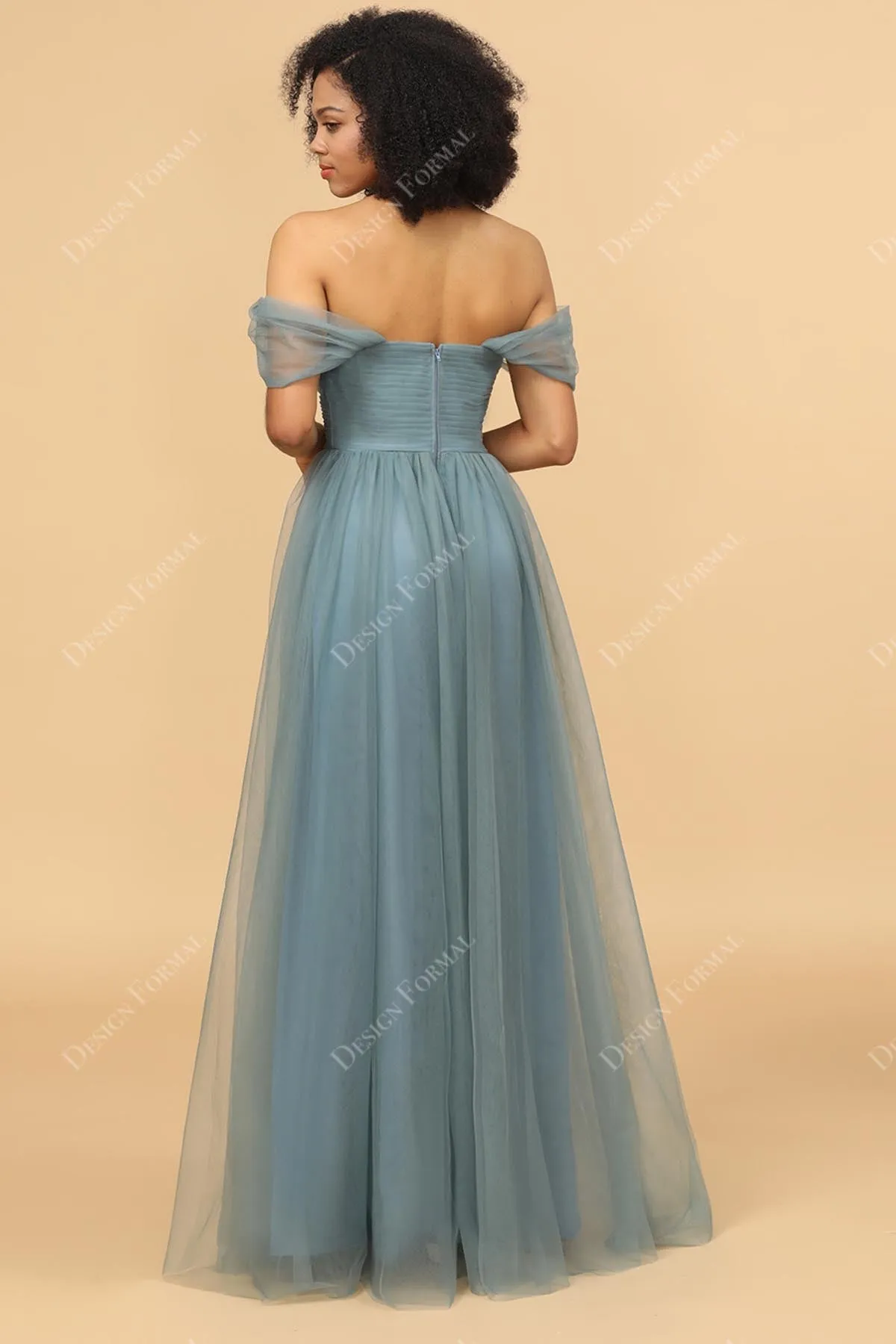 Dusty Sage Tulle Floor Length Off-the-Shoulder Dress