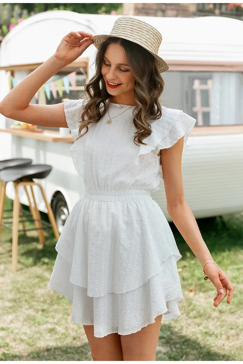 Elegant Crew Neck Ruffle Boho High waist Sleeveless Sexy Lace Mini Dress