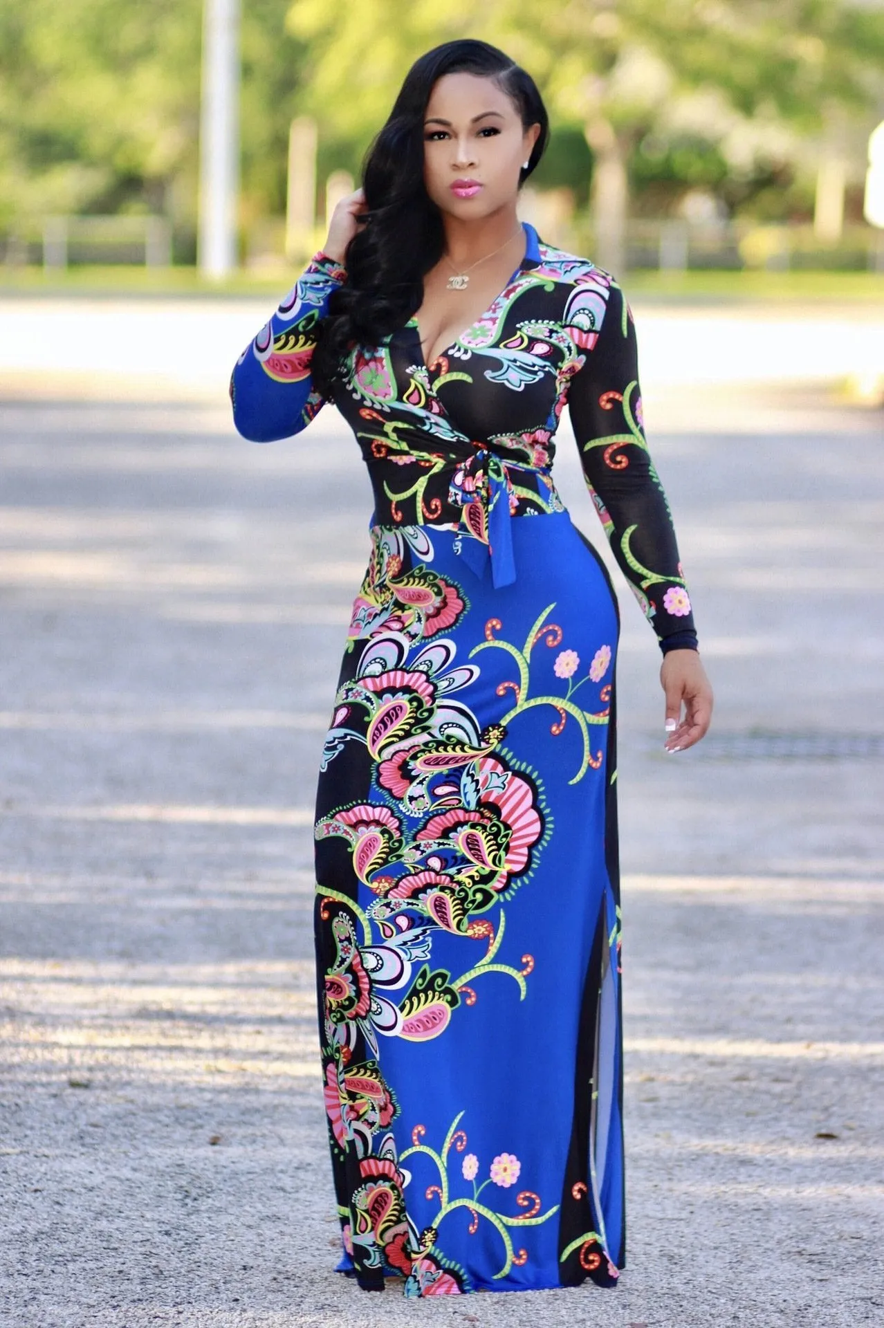 Elegant Floral Print V Neck Long Sleeve Side Split Belted Maxi Long Dress