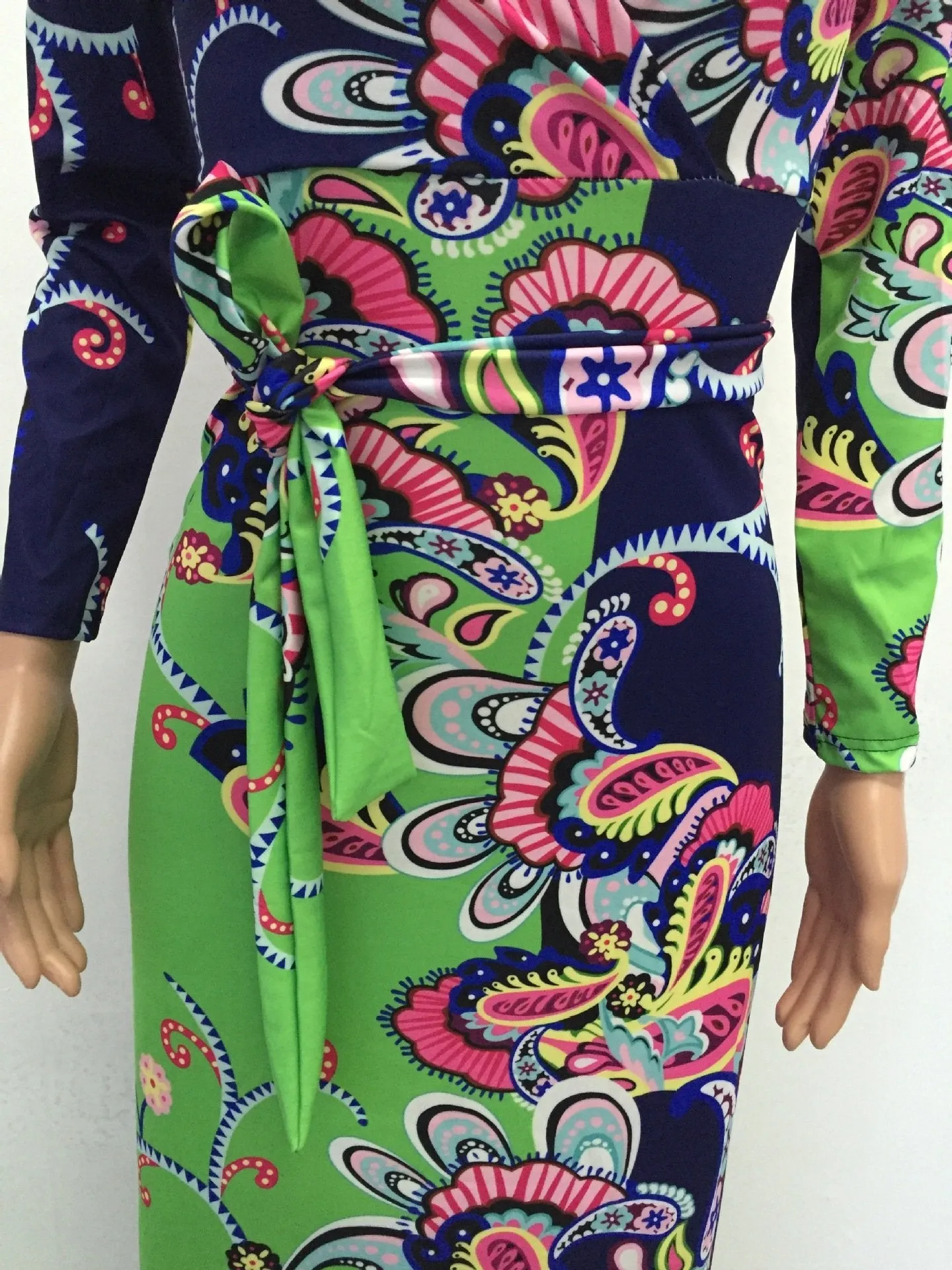 Elegant Floral Print V Neck Long Sleeve Side Split Belted Maxi Long Dress