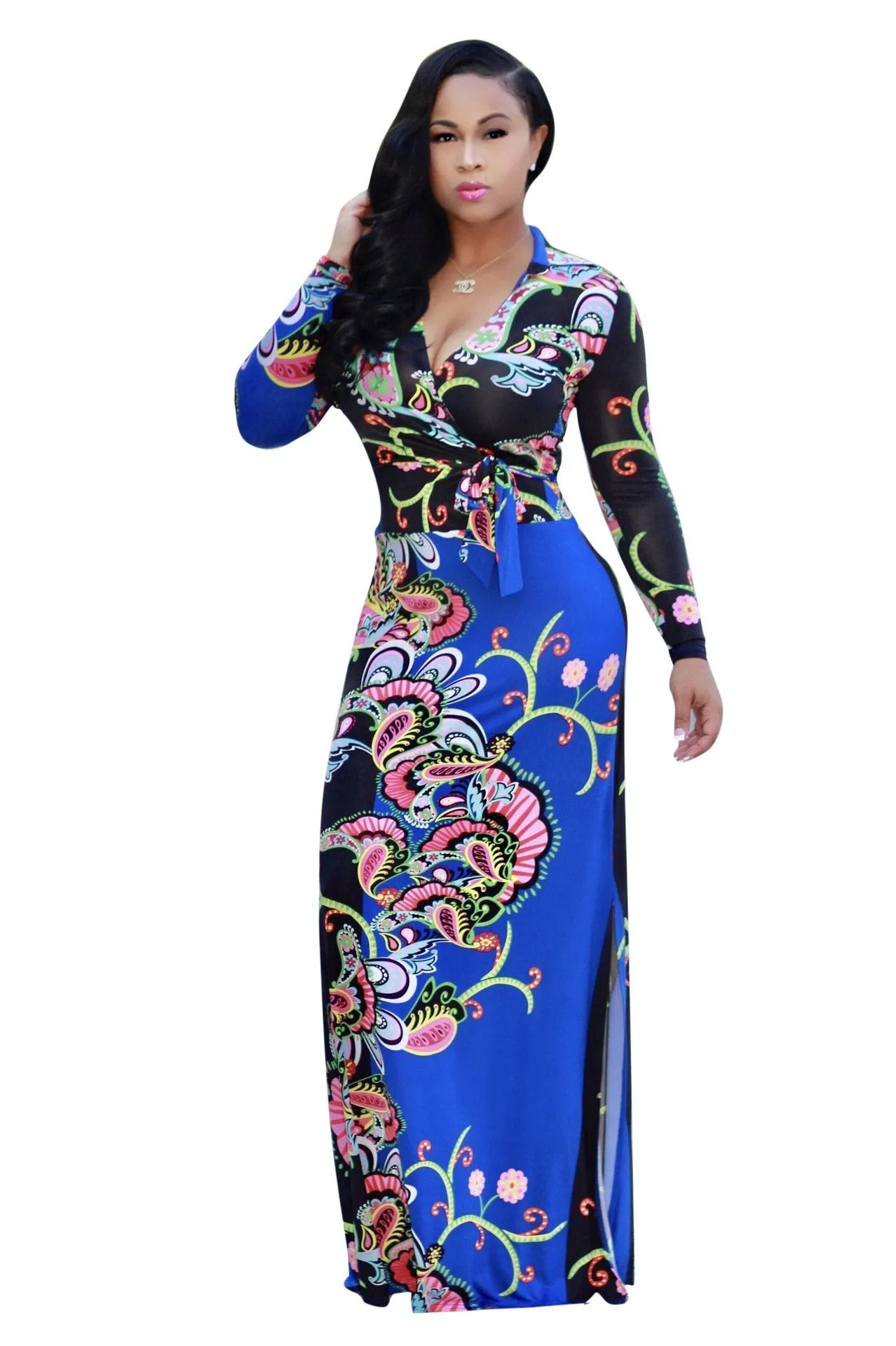 Elegant Floral Print V Neck Long Sleeve Side Split Belted Maxi Long Dress