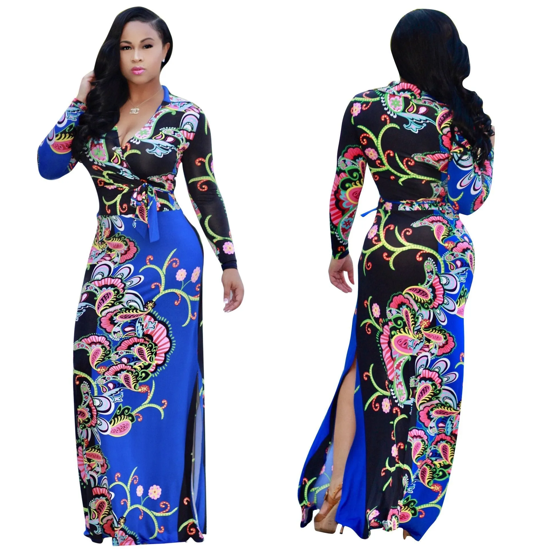 Elegant Floral Print V Neck Long Sleeve Side Split Belted Maxi Long Dress