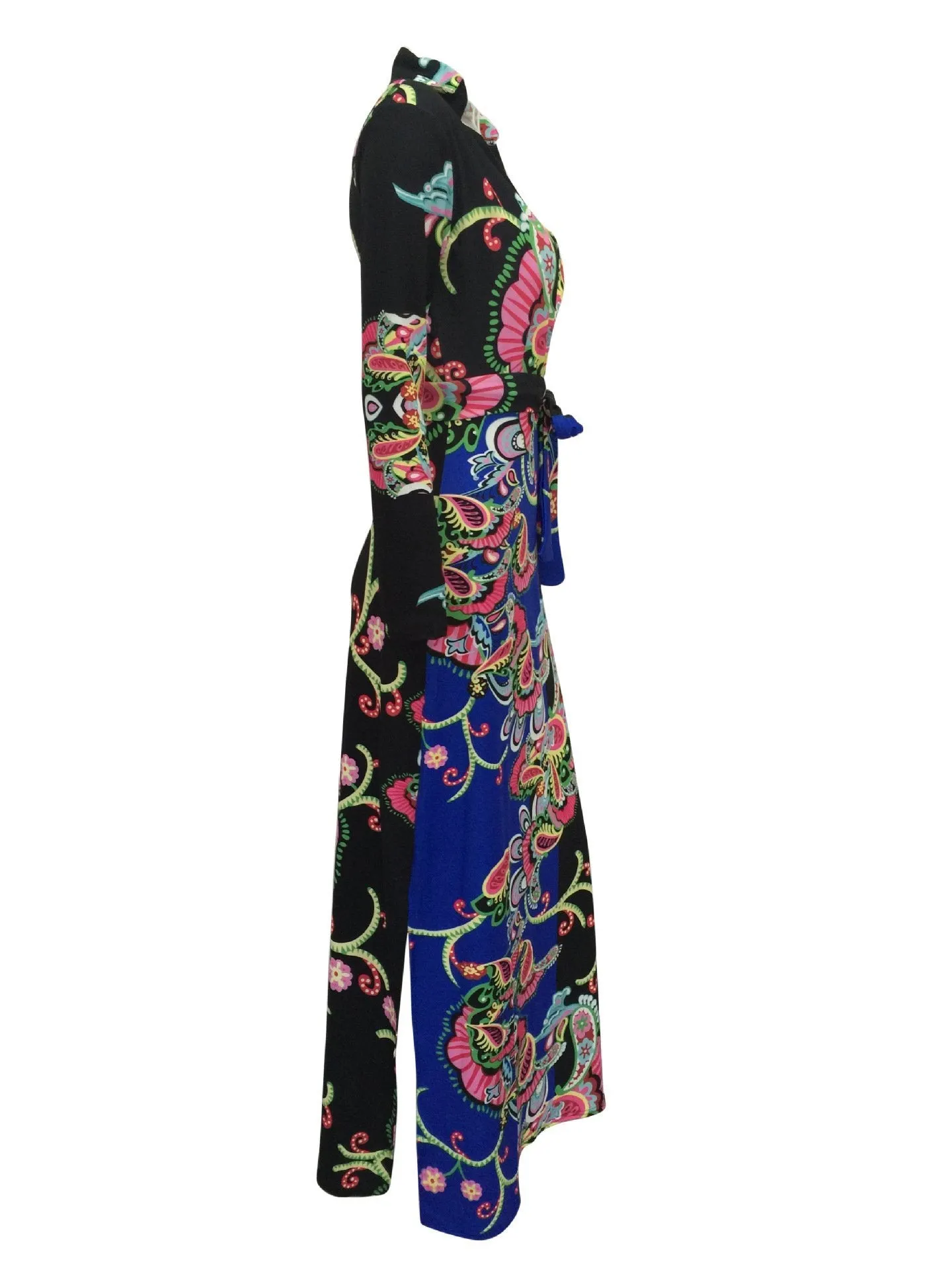 Elegant Floral Print V Neck Long Sleeve Side Split Belted Maxi Long Dress