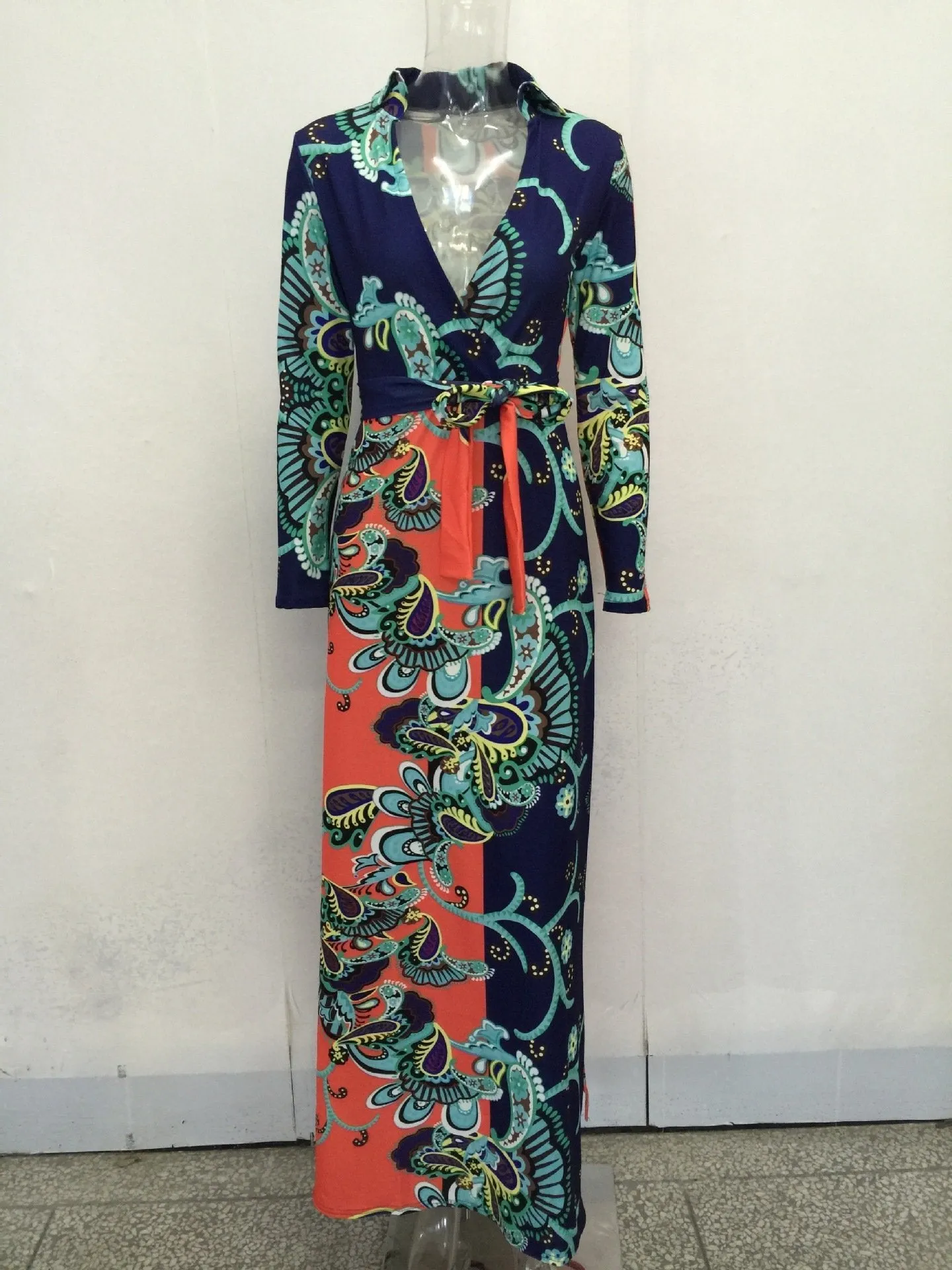 Elegant Floral Print V Neck Long Sleeve Side Split Belted Maxi Long Dress