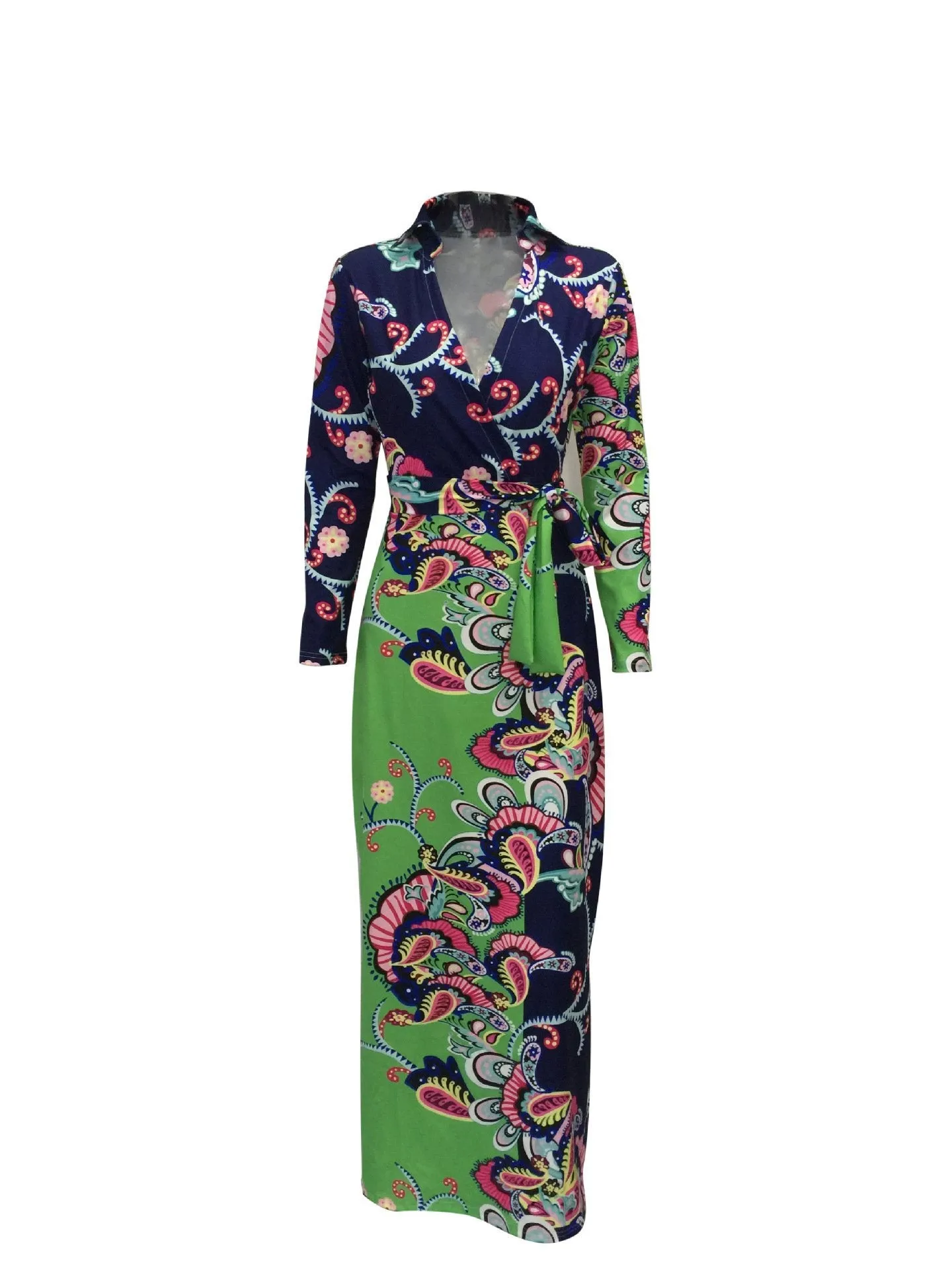 Elegant Floral Print V Neck Long Sleeve Side Split Belted Maxi Long Dress