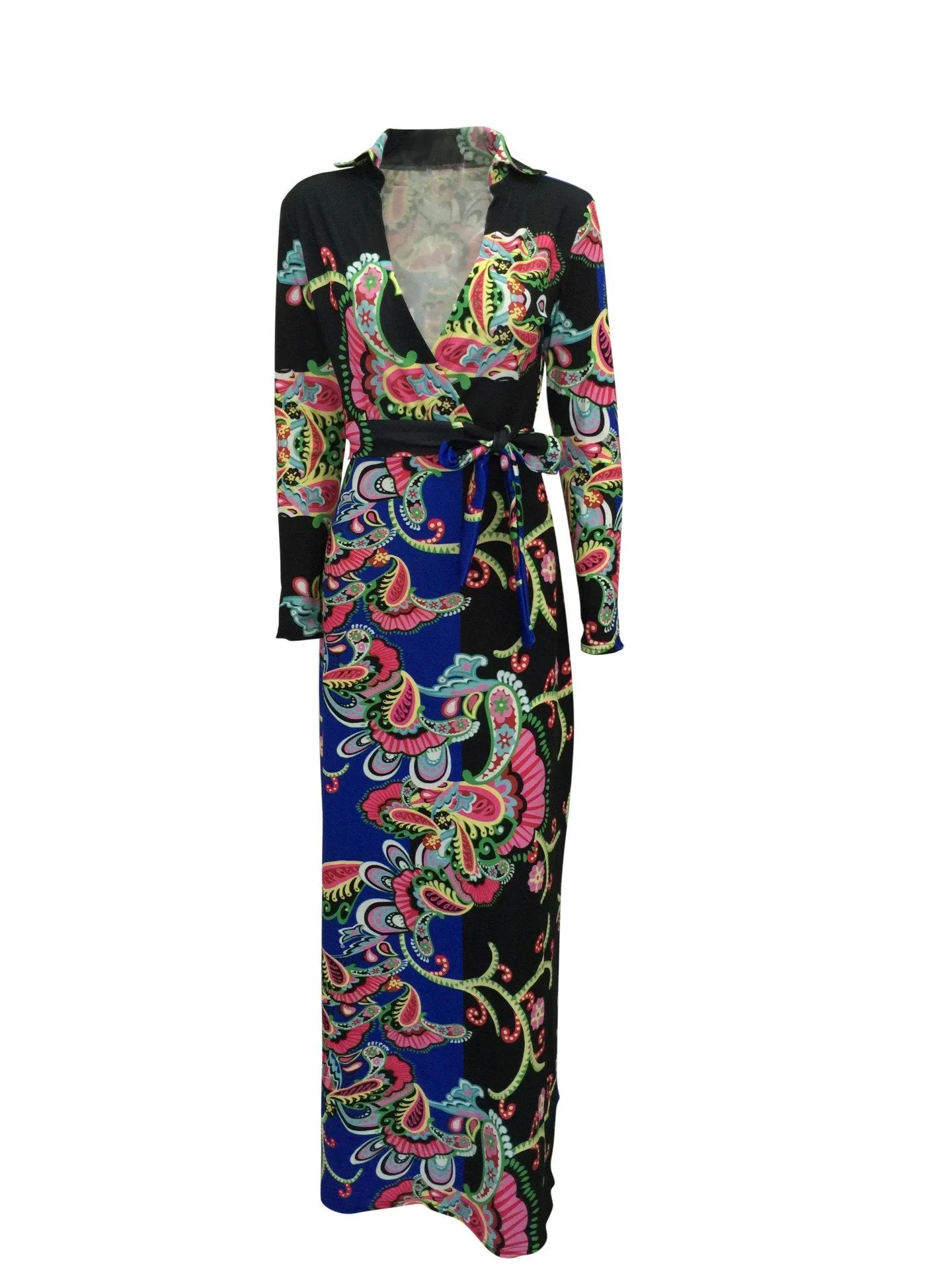 Elegant Floral Print V Neck Long Sleeve Side Split Belted Maxi Long Dress