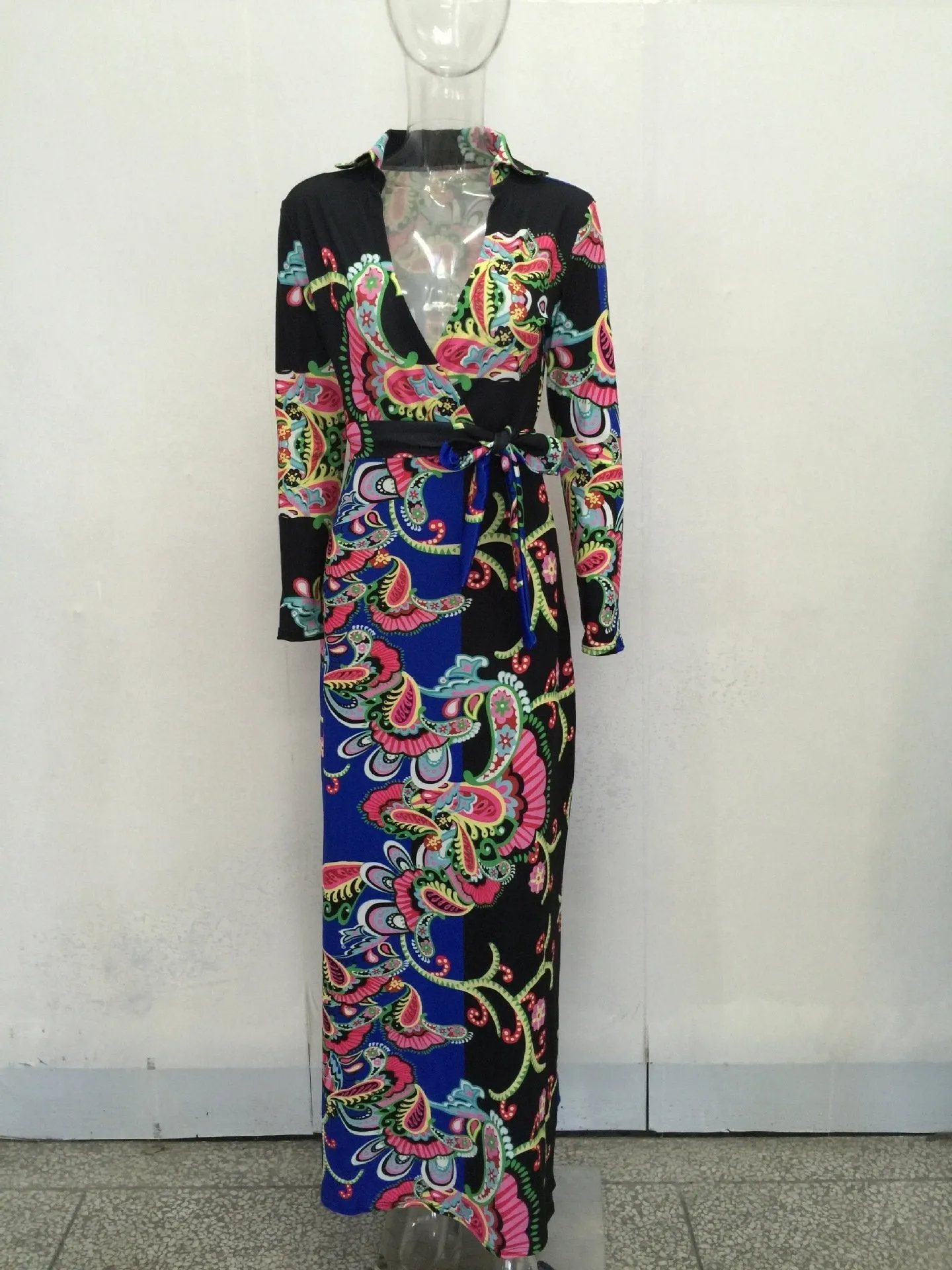 Elegant Floral Print V Neck Long Sleeve Side Split Belted Maxi Long Dress