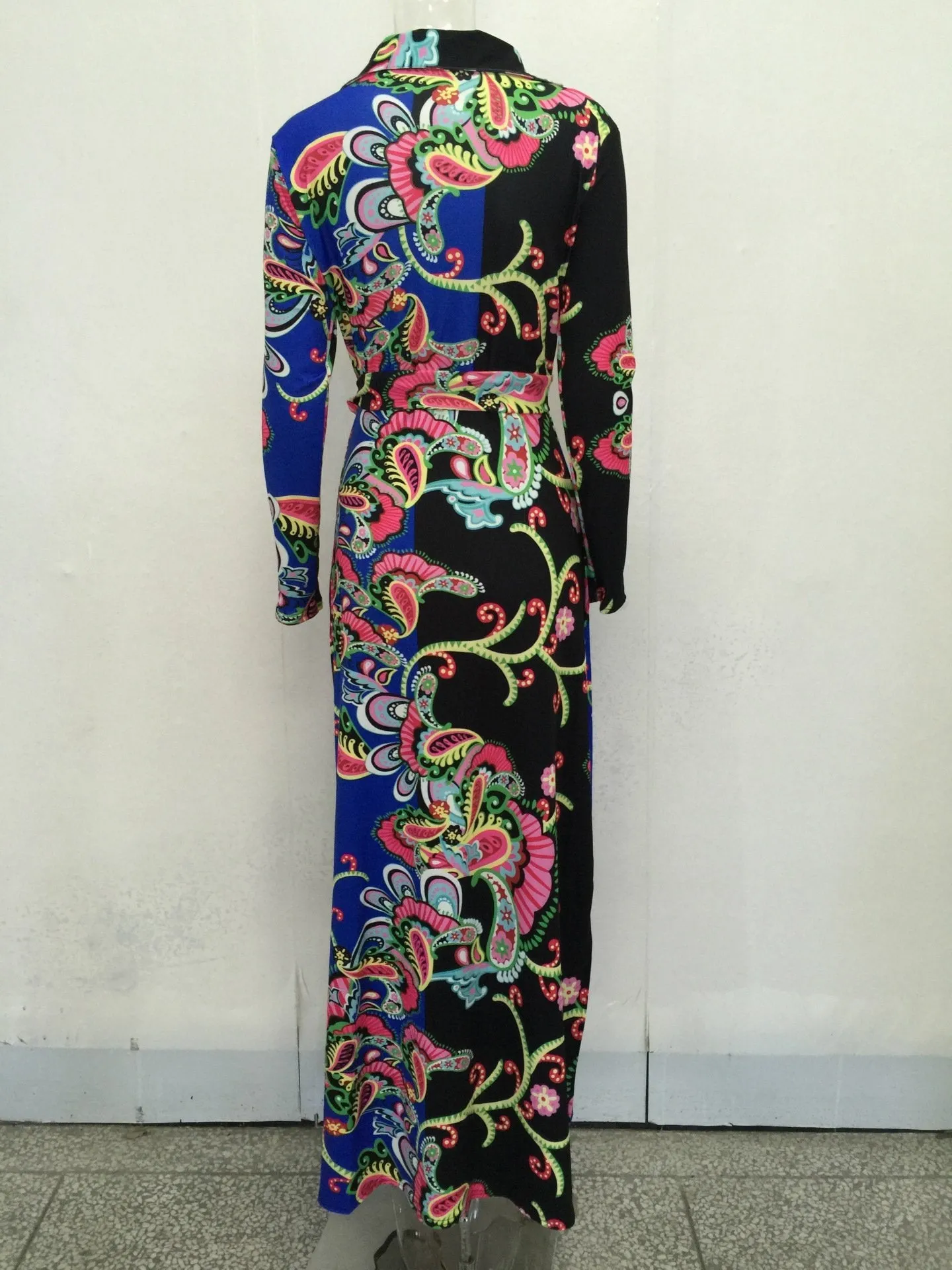 Elegant Floral Print V Neck Long Sleeve Side Split Belted Maxi Long Dress