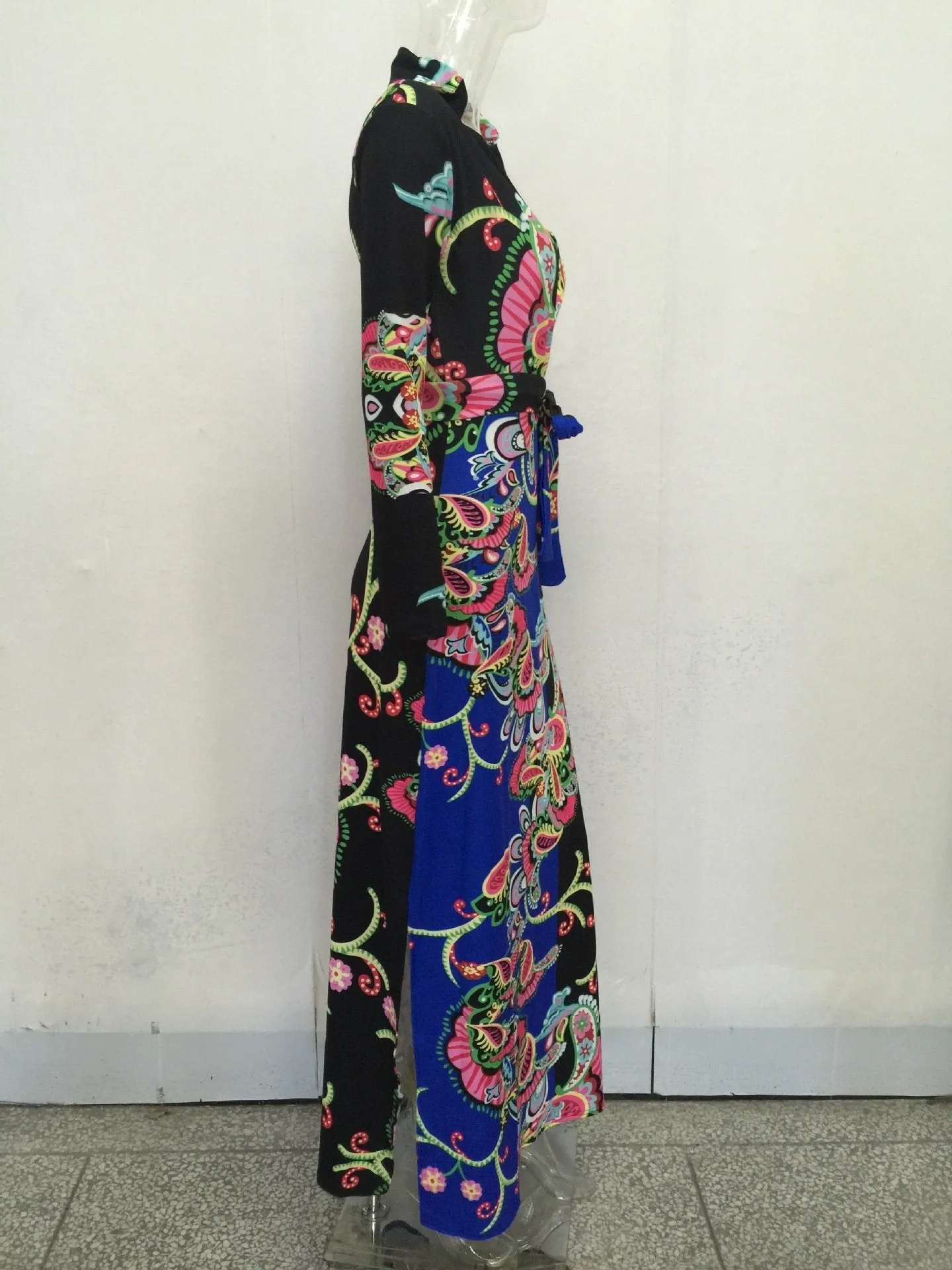 Elegant Floral Print V Neck Long Sleeve Side Split Belted Maxi Long Dress