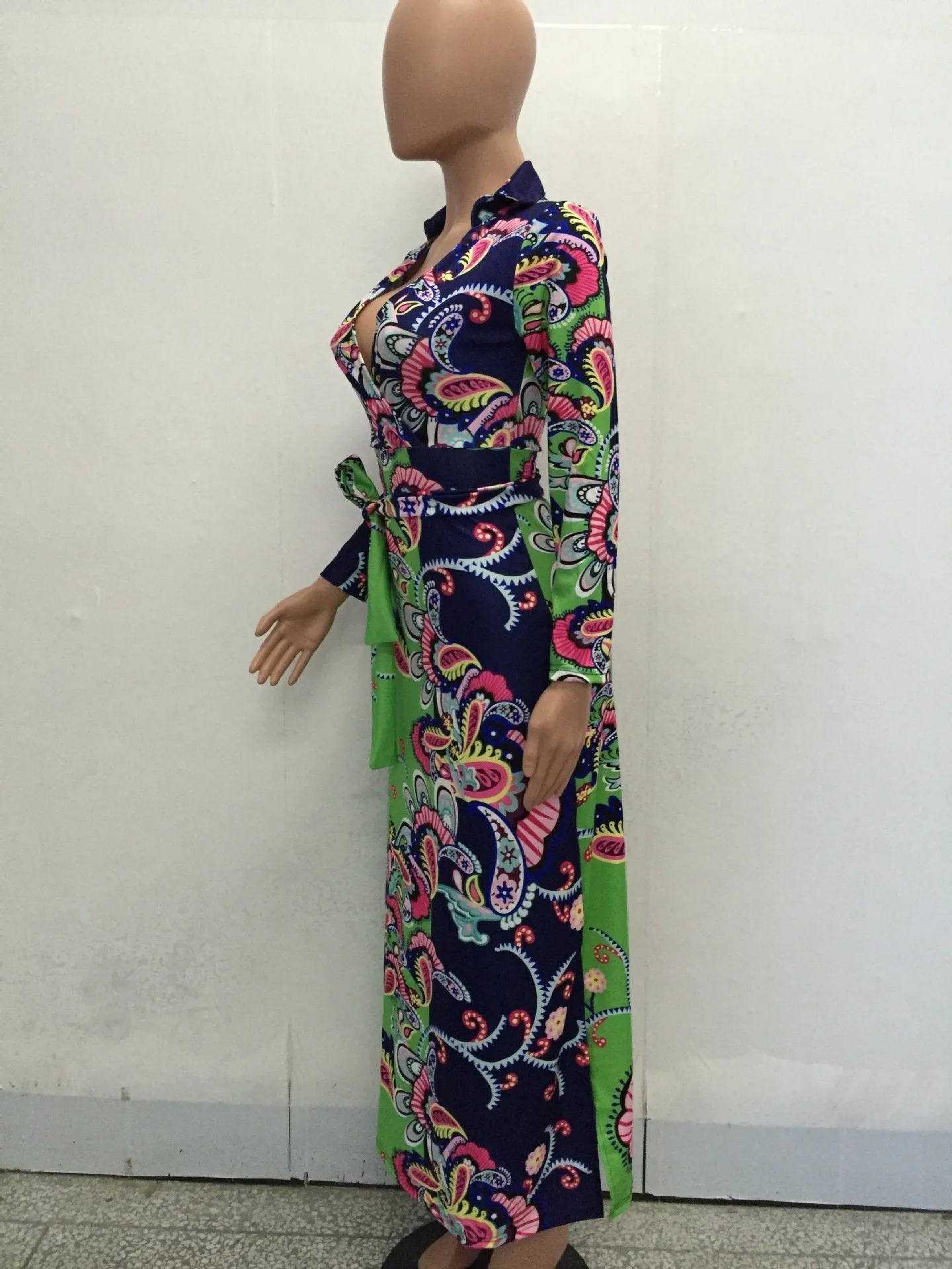 Elegant Floral Print V Neck Long Sleeve Side Split Belted Maxi Long Dress