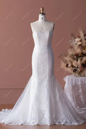 Elegant Strapless Lace Mermaid Designer Wedding Dress with Long Train