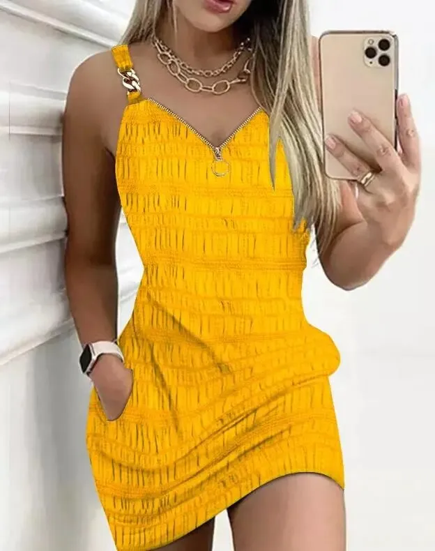 Fashion Textured Suspender Dress Straight Zipper Design Summer Casual Mini Dresses