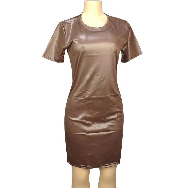 Femele Leather Long Sleeve Round Neck Knee Sheath Tight Dress