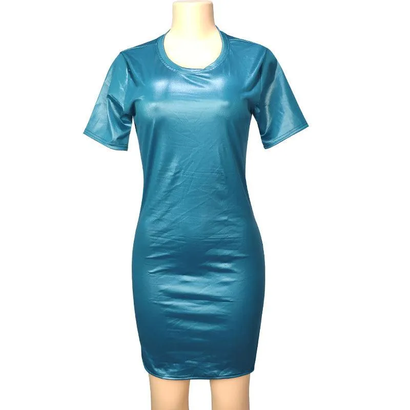 Femele Leather Long Sleeve Round Neck Knee Sheath Tight Dress