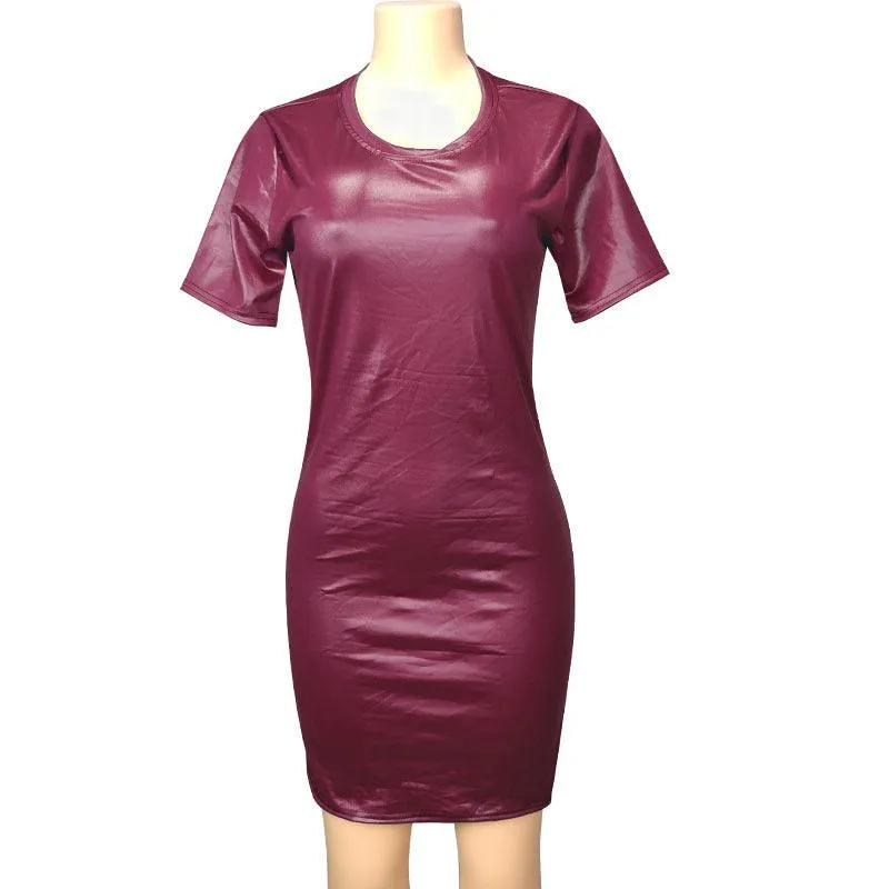 Femele Leather Long Sleeve Round Neck Knee Sheath Tight Dress