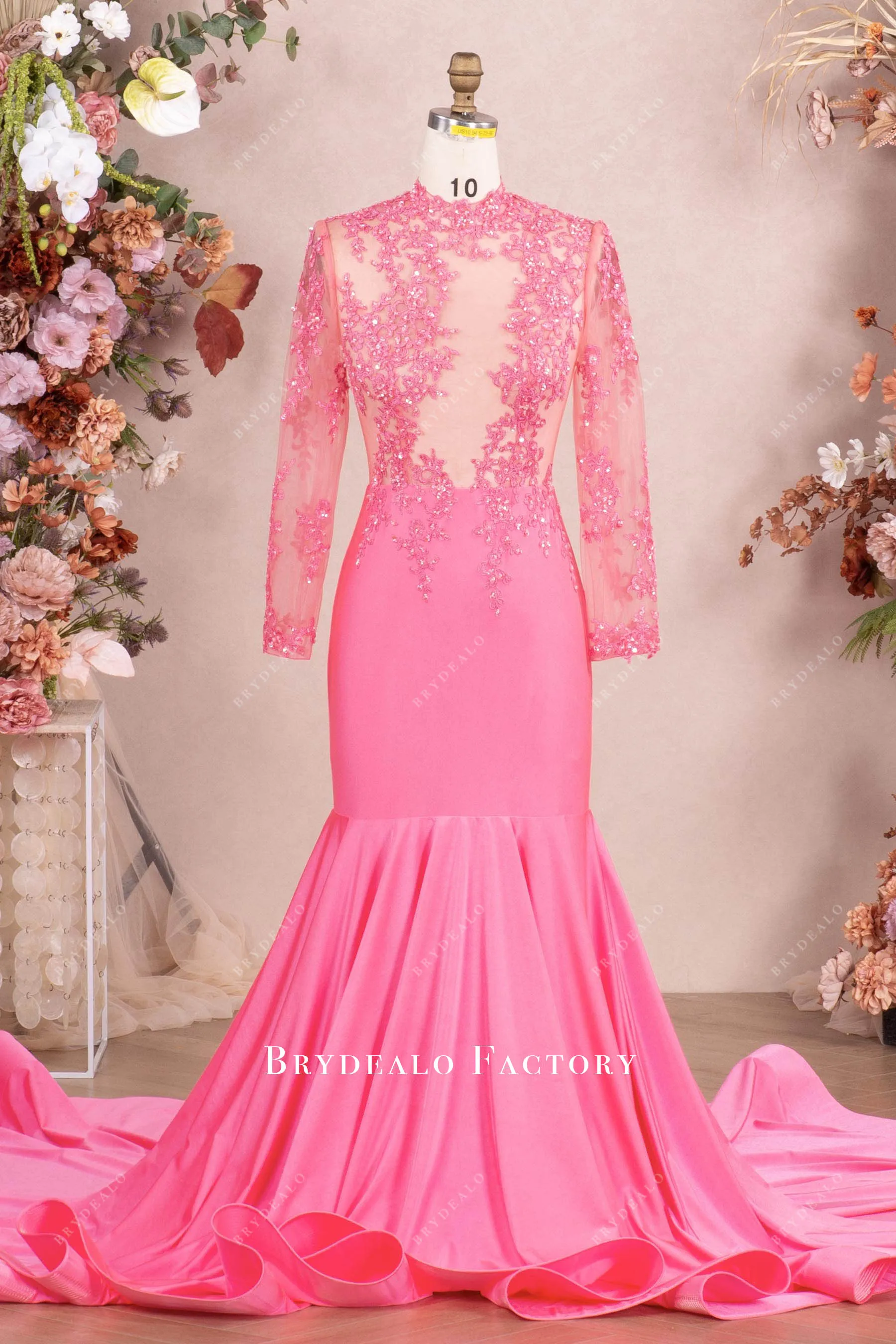 Flamingo Beaded Lace Sleeved Mermaid Prom Dress