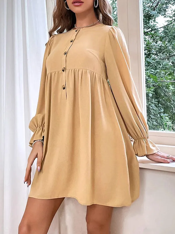 Flared Sleeves High Waisted Buttoned Elasticity Pleated Velvet Round-Neck Mini Dresses