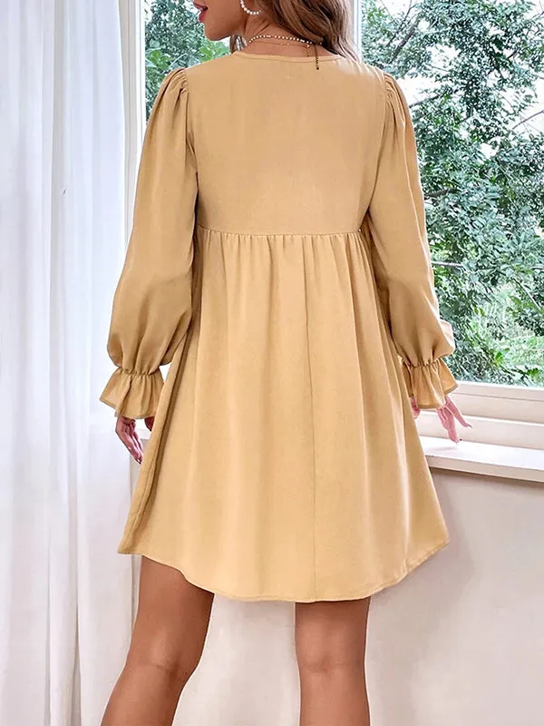 Flared Sleeves High Waisted Buttoned Elasticity Pleated Velvet Round-Neck Mini Dresses