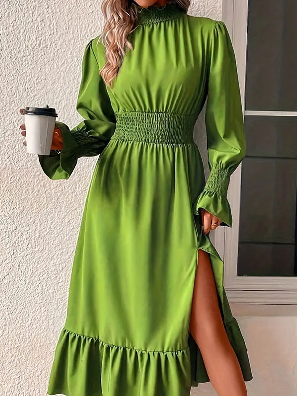 Flared Sleeves High Waisted Elasticity Solid Color Split-Front Mock Neck Midi Dresses