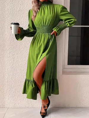 Flared Sleeves High Waisted Elasticity Solid Color Split-Front Mock Neck Midi Dresses