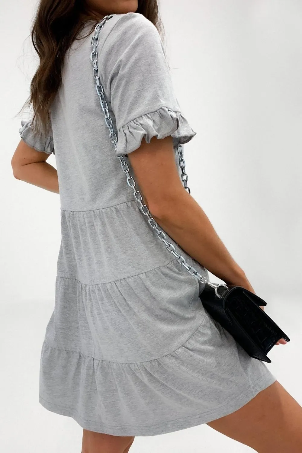 Frill Hem Sleeve Grey Mini Dress