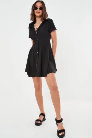 Front open Short Sleeve Flared Black Mini Dress