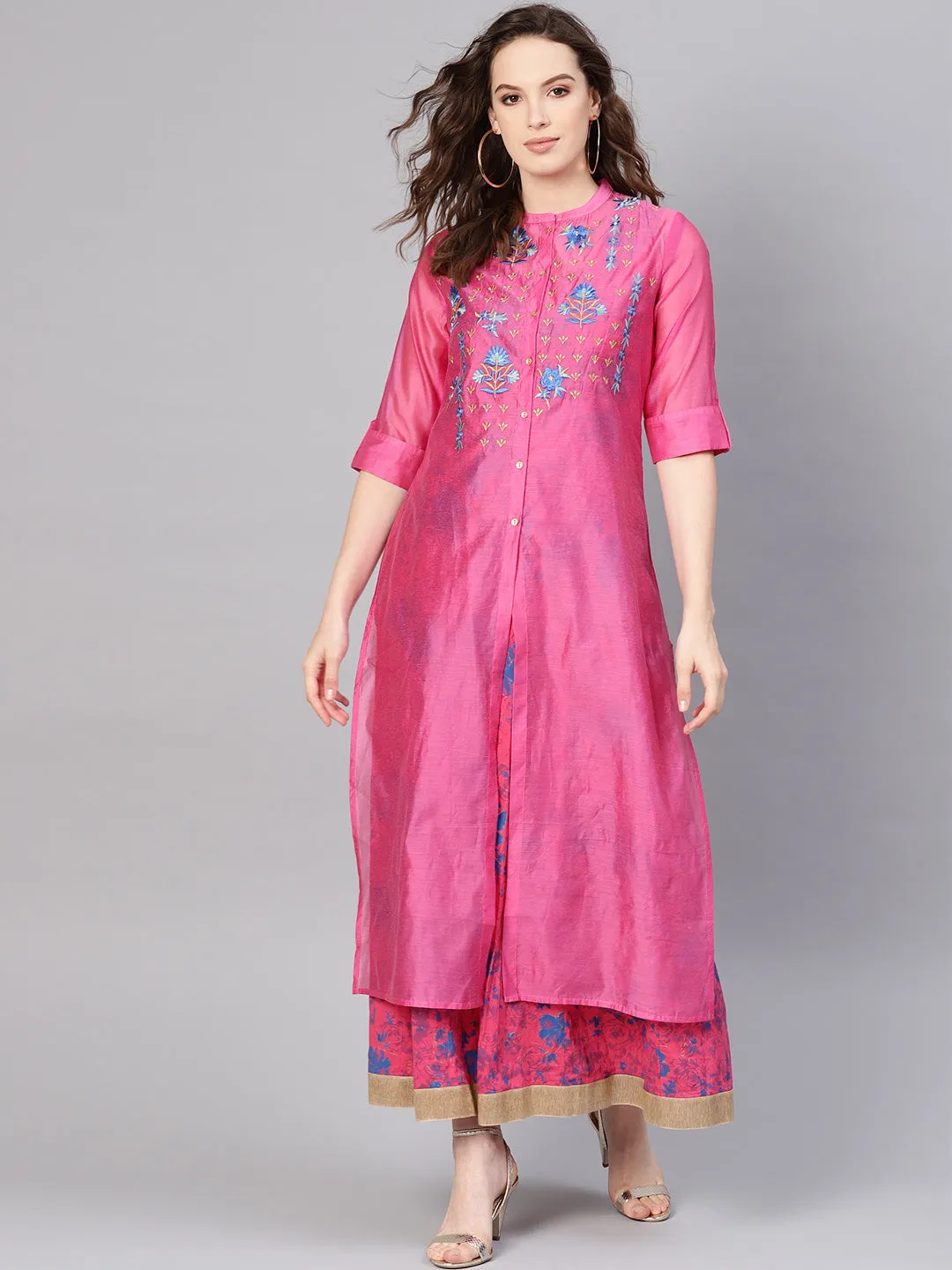 Fuchsia Chanderi Printed With Embroidery Layered Maxi Dress