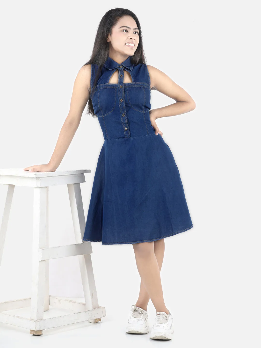 Girl's Denim Window Cutout Navy Blue Dress - StyleStone Kid