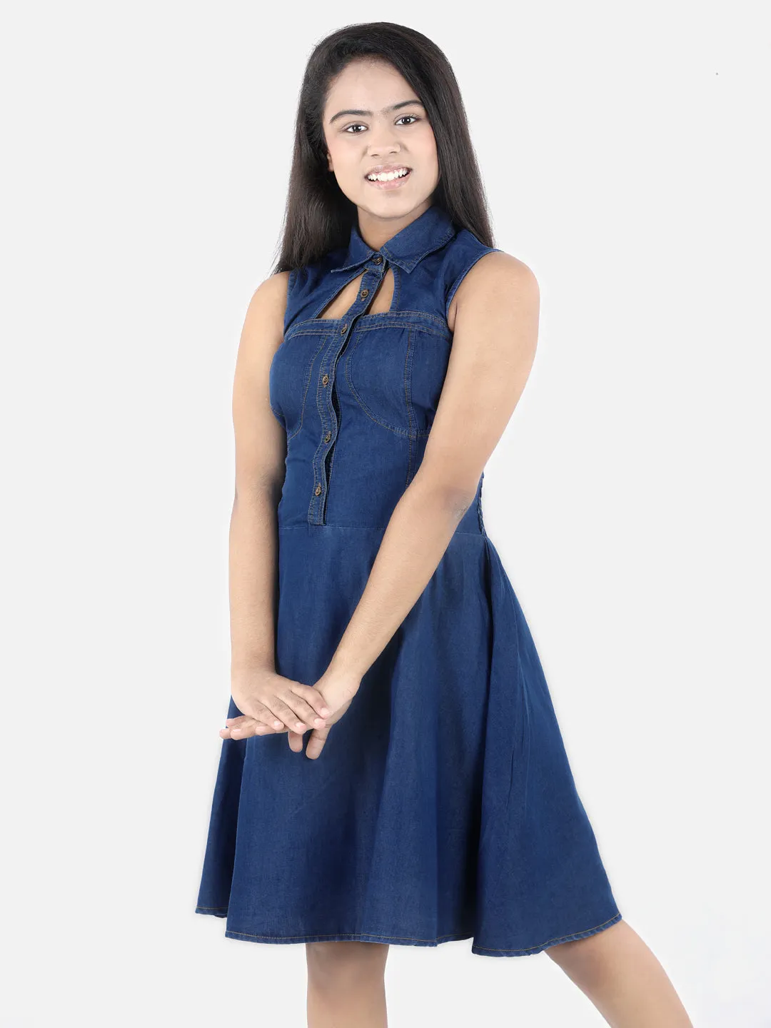 Girl's Denim Window Cutout Navy Blue Dress - StyleStone Kid