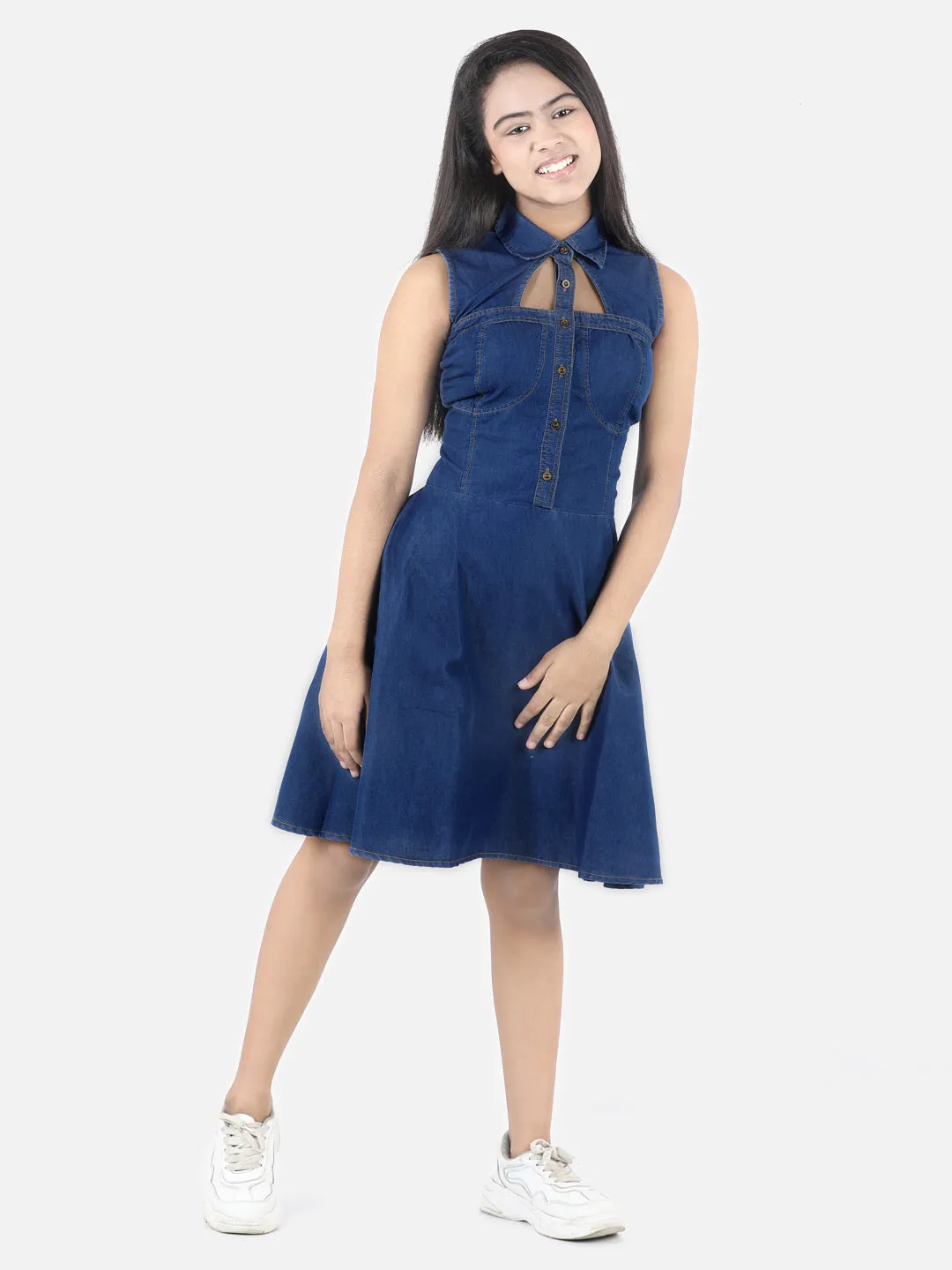 Girl's Denim Window Cutout Navy Blue Dress - StyleStone Kid