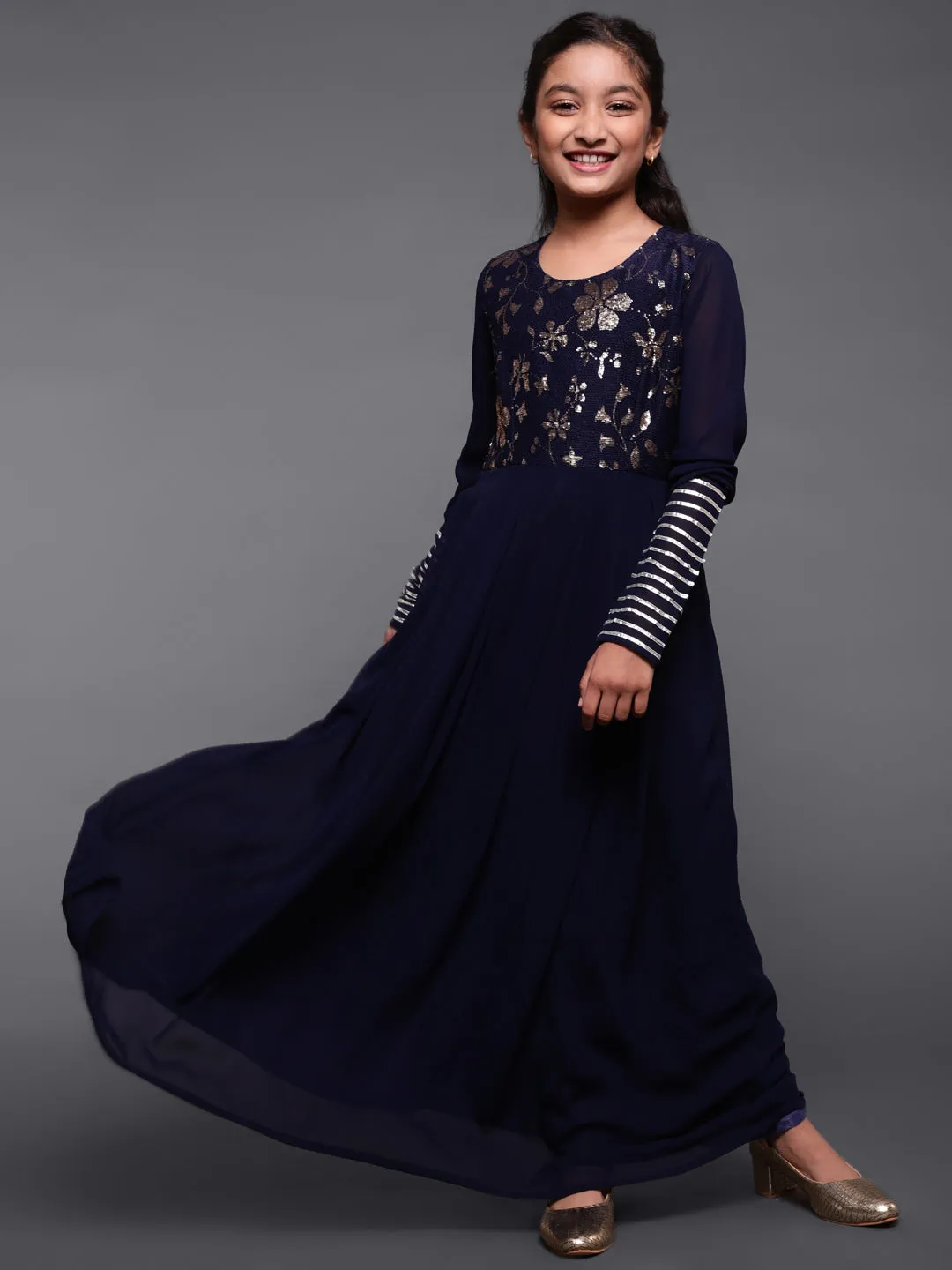 Girl's Navy Blue Sequenced Work Box Pleated Maxi Dress - Aks Girls