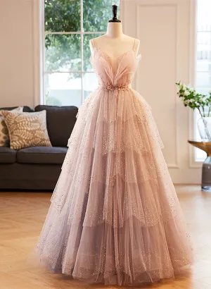 Glam Pink Tulle Straps Beaded Long Party Dress, A-line Pink Formal Dress