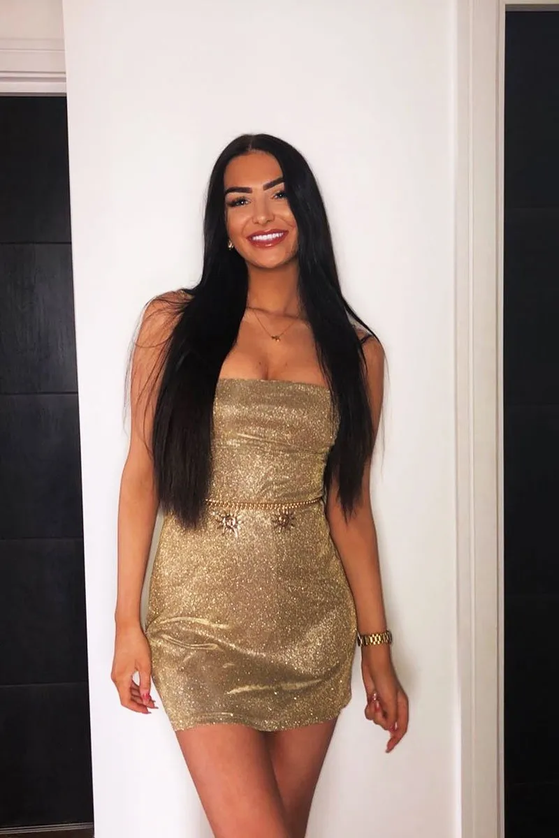 Gold Glitter Straight Neck Mini Dress - Alanis