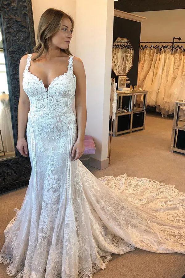 Gorgeous Lace Mermaid Garden Wedding Dress Long Bridal Gown