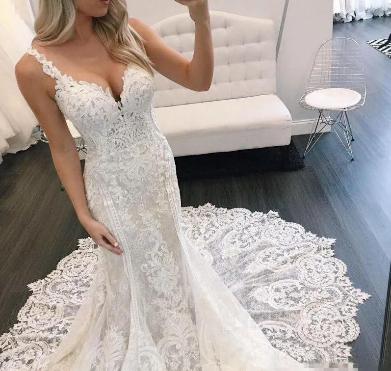 Gorgeous Lace Mermaid Garden Wedding Dress Long Bridal Gown