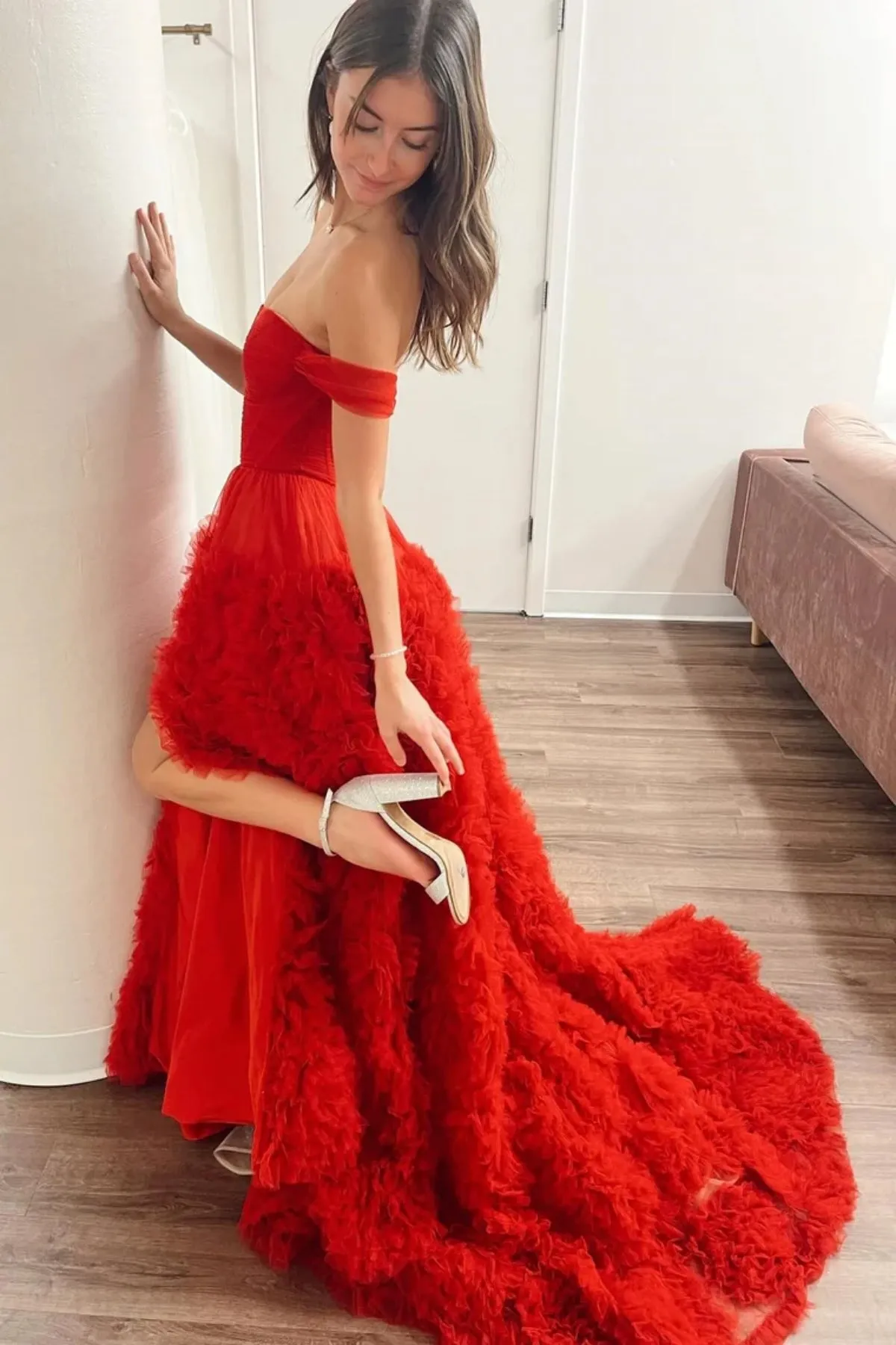 Gorgeous Off Shoulder Red Long Prom Dress with Train, Red Formal Evening Dress, Ball Gown A2051