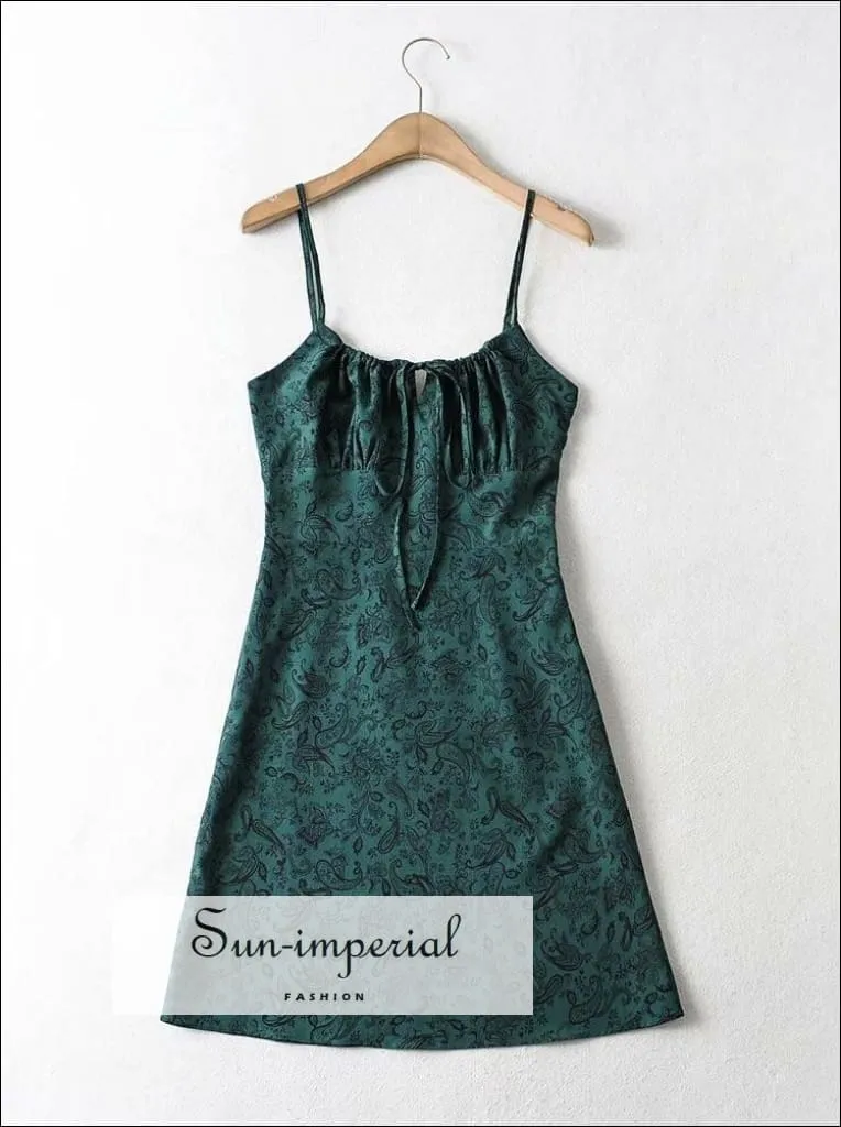 Green Floral Print Slit Mini Dress with Adjustable Cami Strap and Ruched Bodice Center Tie detail