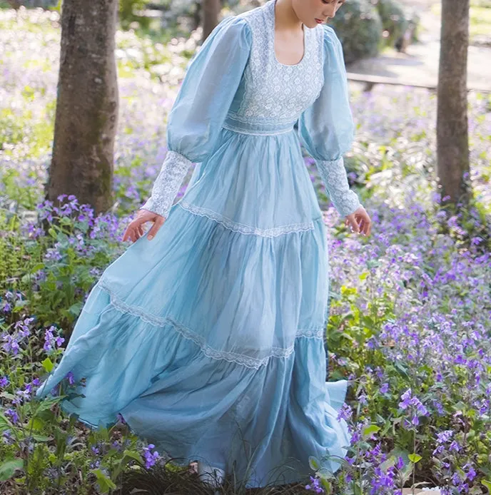 Gunne sax Style 70s Prairie Blue Swing Dress