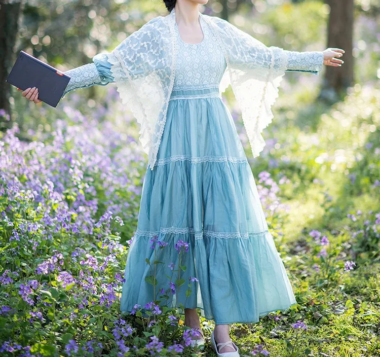 Gunne sax Style 70s Prairie Blue Swing Dress