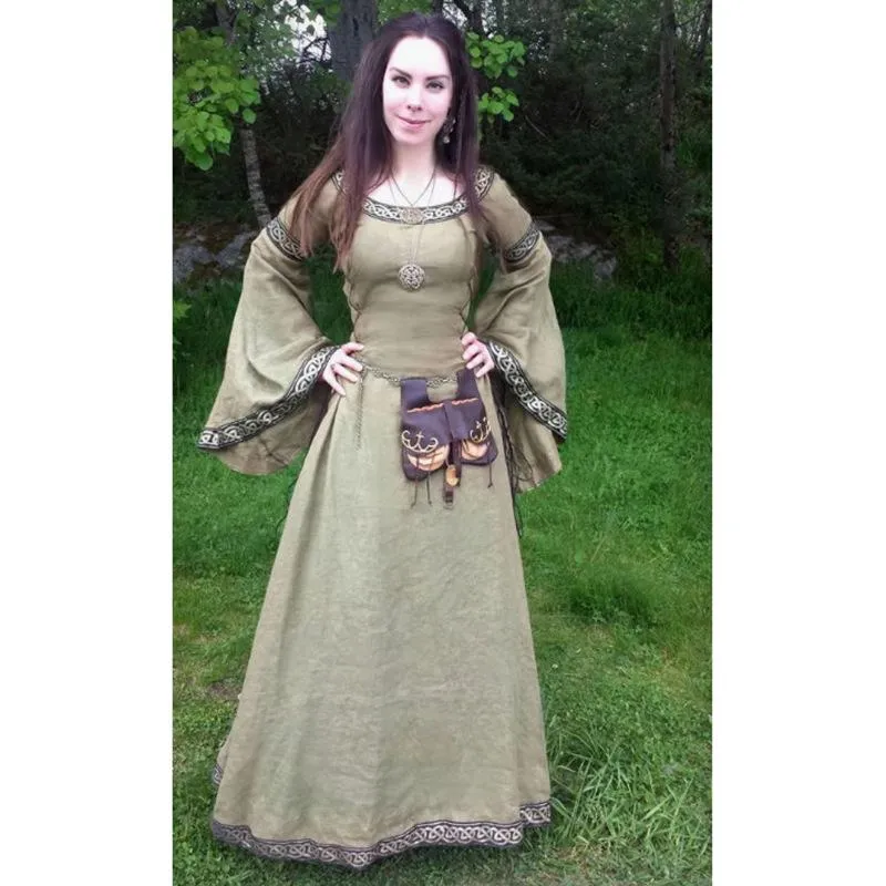 Halloween Round Neck Flared Sleeve waist Medieval Large Size Long Dress