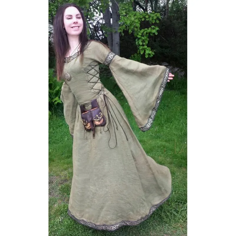 Halloween Round Neck Flared Sleeve waist Medieval Large Size Long Dress