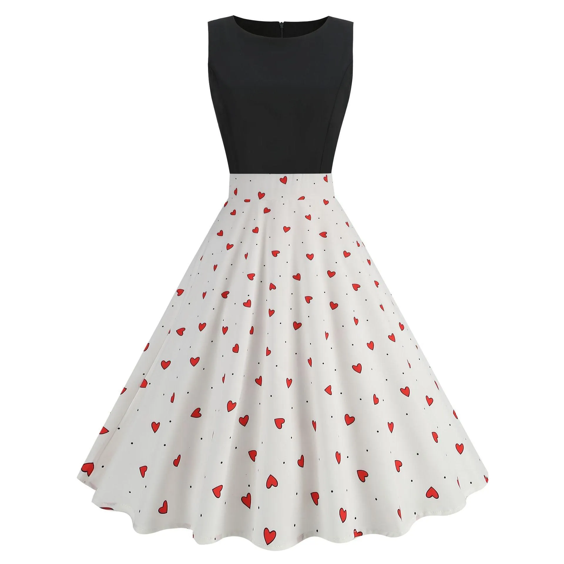 Hepburn Style Round Neck Women's Polka Dot Heart Printing Dress