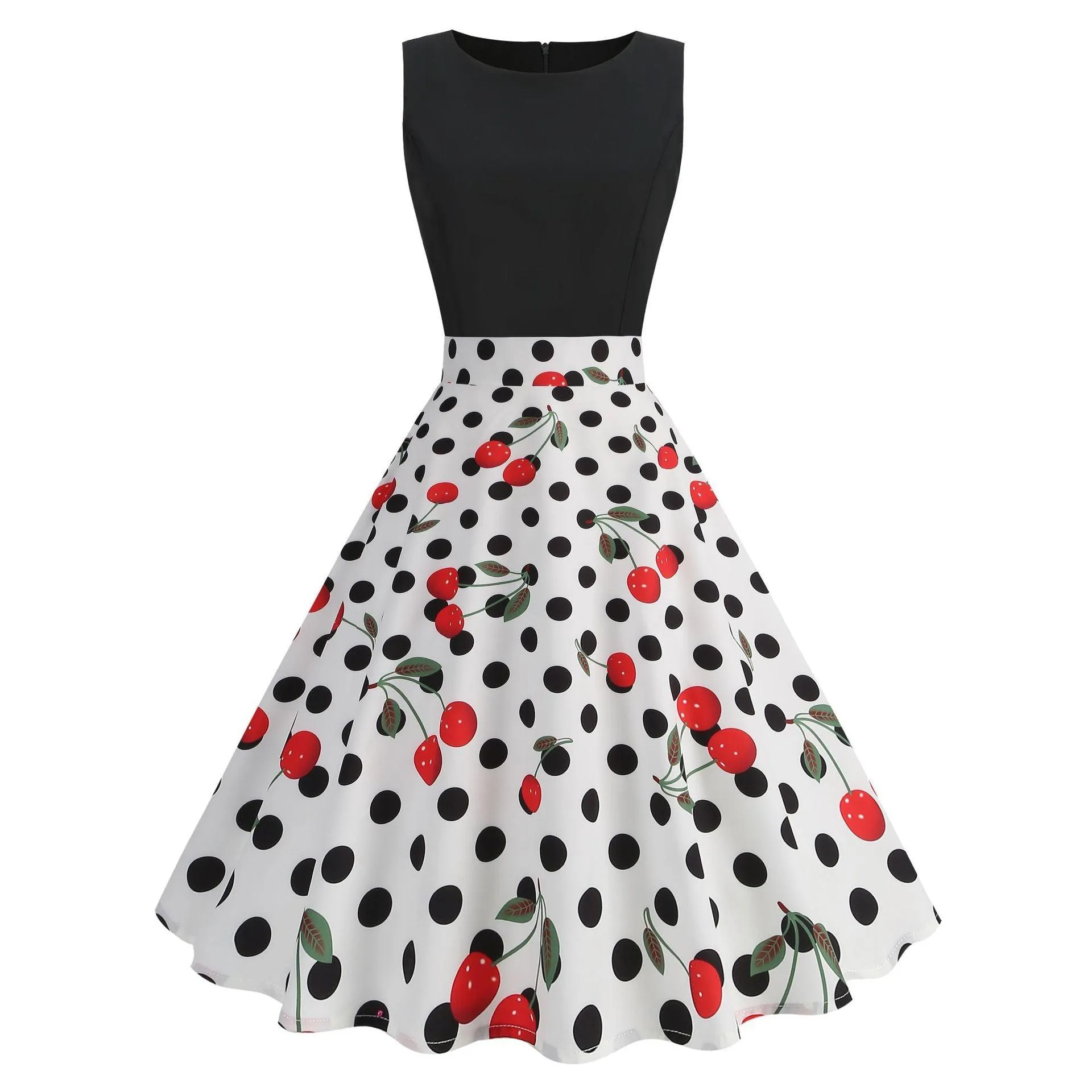 Hepburn Style Round Neck Women's Polka Dot Heart Printing Dress