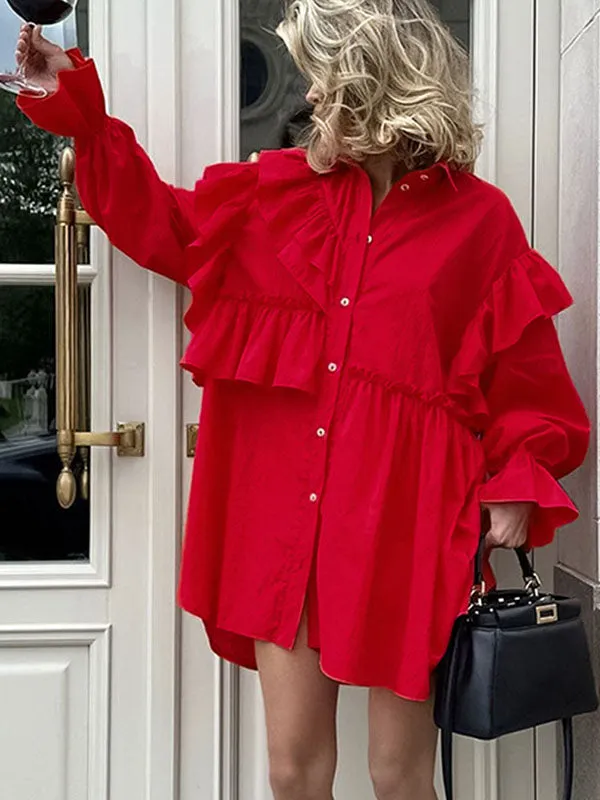 High-Low Long Sleeves Asymmetric Buttoned Elasticity Layered Ruffled Solid Color Lapel Mini Dresses